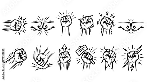 Symbolic Fist & Gesture Vector Set –  Black-and-White Icons of Power, Unity, Peace, and Motion for Activism, Sports, and Graphic Design Use