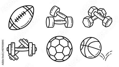 Sports & Fitness Equipment Vector Set –  Black-and-White Icons of Balls and Dumbbells for Athletic Branding, Gym UI, and Training Illustration Use