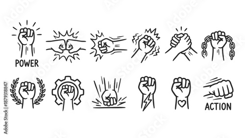 Symbolic Fist & Gesture Vector Set –  Black-and-White Icons of Power, Unity, Peace, and Motion for Activism, Sports, and Graphic Design Use