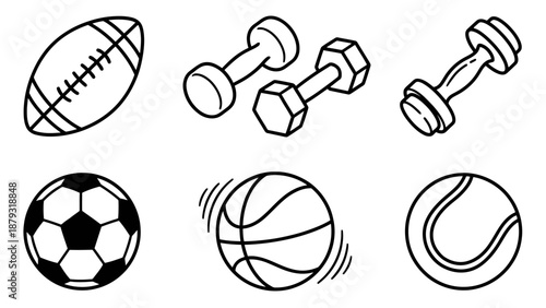 Sports & Fitness Equipment Vector Set –  Black-and-White Icons of Balls and Dumbbells for Athletic Branding, Gym UI, and Training Illustration Use