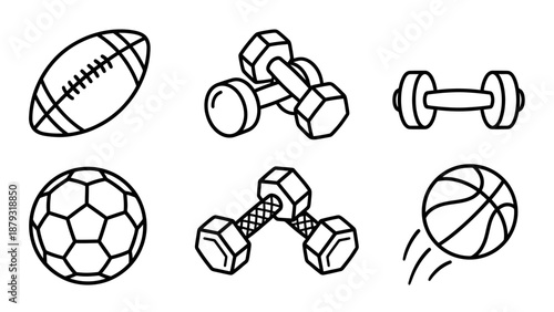 Sports & Fitness Equipment Vector Set –  Black-and-White Icons of Balls and Dumbbells for Athletic Branding, Gym UI, and Training Illustration Use