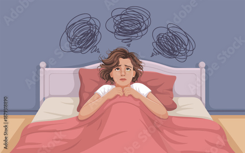 Woman lying in bed, looking concerned and troubled, with scribbles above her head indicating worry or anxiety