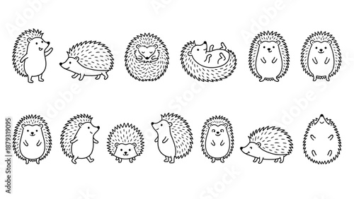 Cartoon Hedgehog Pose Vector Set –  Black-and-White Line Art Icons of Hedgehog Behavior for Education, Character Design, and Nature Illustration Use
