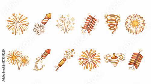 Fireworks & Pyrotechnics Vector Set –  Colorful Icons of Explosions, Rockets, and Sparklers for Festival Design, Celebration Branding, and Holiday Illustration Use
