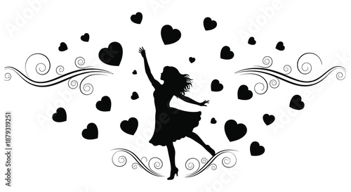 a joyful woman dances with falling hearts surrounded by elegant swirls a striking silhouette