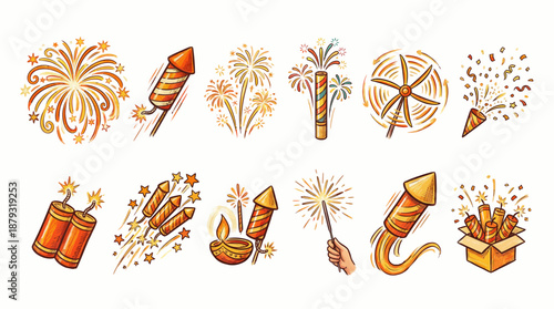Fireworks & Pyrotechnics Vector Set –  Colorful Icons of Explosions, Rockets, and Sparklers for Festival Design, Celebration Branding, and Holiday Illustration Use