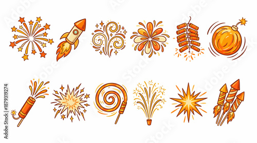 Fireworks & Pyrotechnics Vector Set –  Colorful Icons of Explosions, Rockets, and Sparklers for Festival Design, Celebration Branding, and Holiday Illustration Use