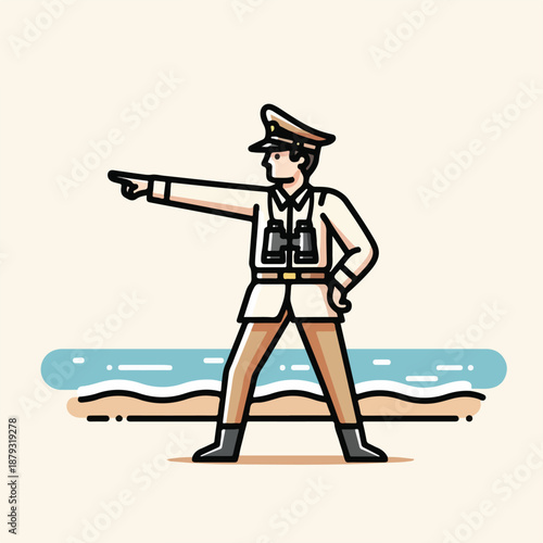 Lifeguard pointing out to sea standing on sandy beach