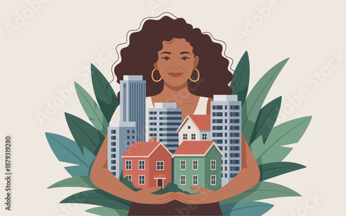 Woman holding miniature cityscape with diverse buildings and greenery surrounded by lush leaves