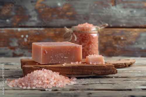 Handmade organic soap and pink Himalayan salt for spa