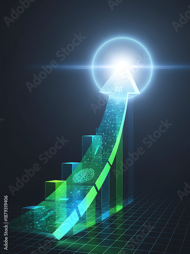 AI-Accelerated Business Progress, AI Driven Business Growth and Efficiency. Abstract Digital Bar Graph with Neural Network Pattern Representing Workflow Optimization and Strategic Success.
