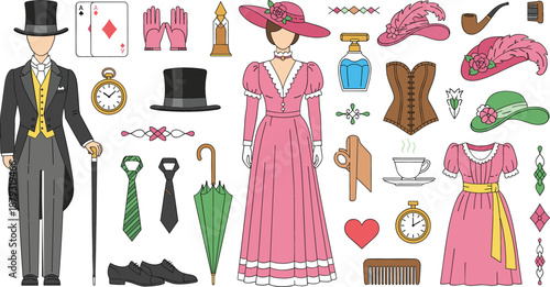 Victorian era vintage fashion vector set featuring gentleman in tuxedo lady in pink gown top hats corsets pocket watches and antique accessories illustration.