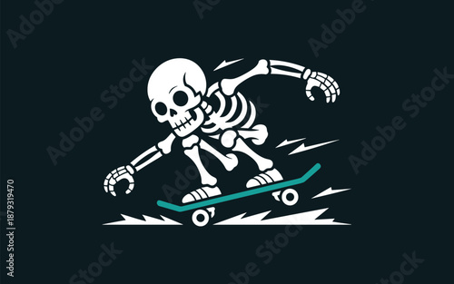 Skeleton riding a skateboard with motion blur effect, action scene, skateboarder, illustration, dynamic viewpoint
