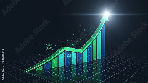 AI-Accelerated Business Progress, AI Driven Business Growth and Efficiency. Abstract Digital Bar Graph with Neural Network Pattern Representing Workflow Optimization and Strategic Success.