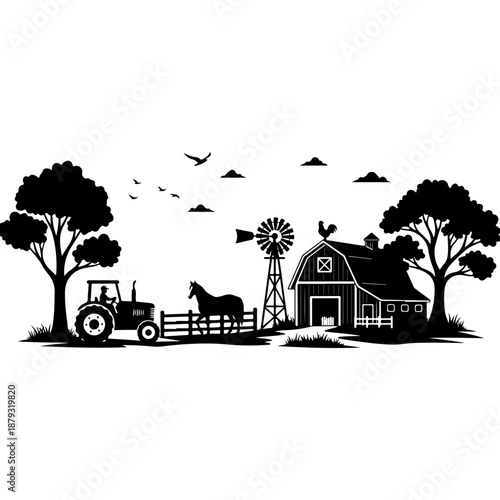 Farm Life with Tractor and Barn