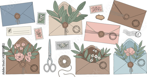 Vintage stationery vector set featuring aesthetic envelopes with wax seals floral bouquets botanical stamps twine scissors and mail correspondence elements for wedding invitations.