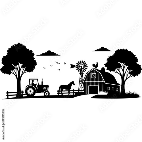 Farm Scene with Tractor and Barn