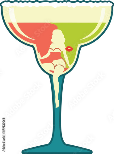 Retro Cocktail Illustration with Glamorous Pin-Up Girl