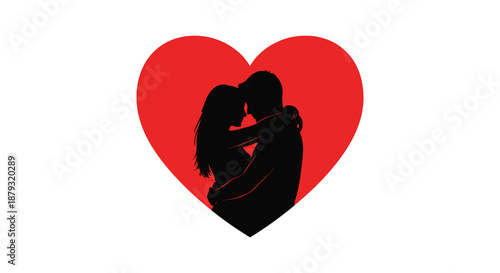 A striking image of a couple embracing within a vibrant red heart shape a beautiful silhouette