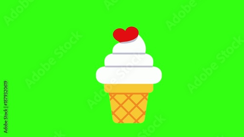 Vanilla cone ice cream with love topping animation on green screen 