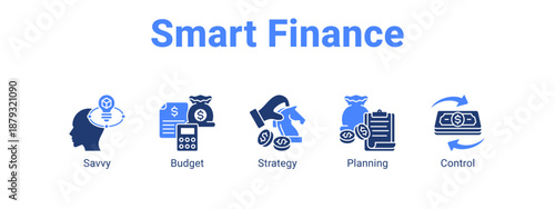 Smart Finance web banner icon vector illustration concept ,  with icon of Savvy, Budget, Strategy.