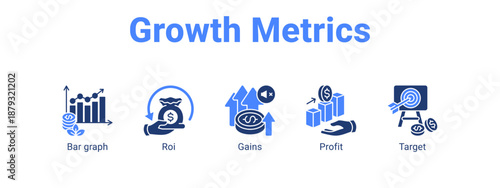 Growth Metrics web banner icon vector illustration concept ,  with icon of Bar graph, Roi, Gains.
