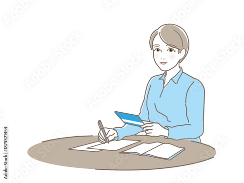 通帳を開いて家計簿をつける若い女性のイラスト、資産運用やマネープランのベクター素材