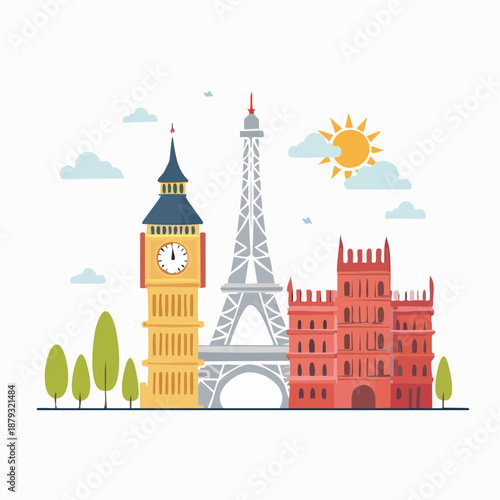 Famous landmarks from around the world including Big Ben, Eiffel Tower, and a medieval castle illustrated together under a sunny sky