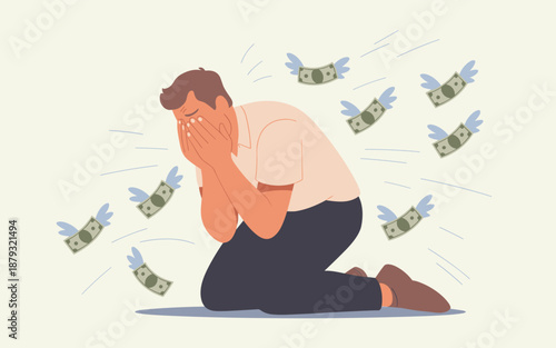 Man kneeling on floor overwhelmed by falling money, surrounded by financial chaos