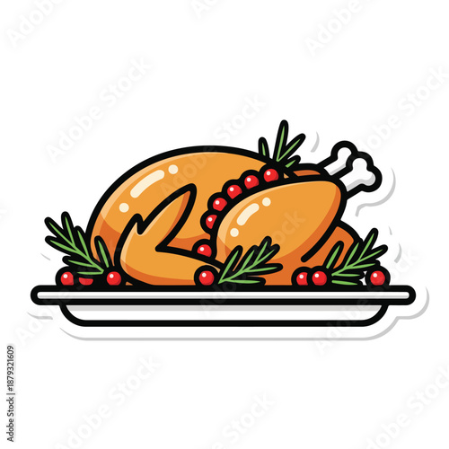 A roasted turkey on a platter with herbs and berries