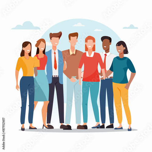 Diverse group of young adults standing together in a friendly manner outdoors with cloudy sky