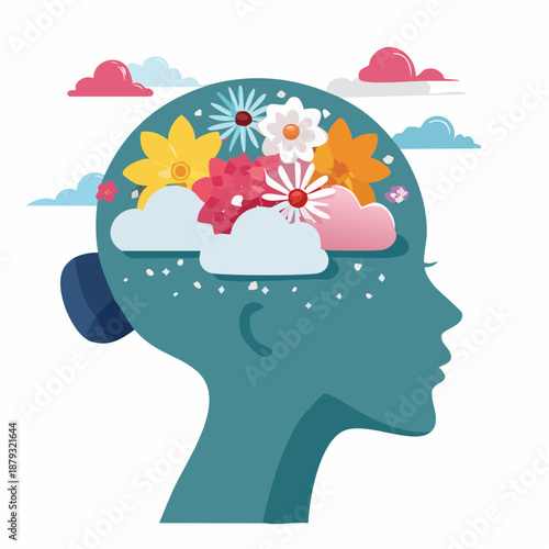 A serene human head in profile with vibrant flowers and clouds inside, symbolizing creativity and imagination in a peaceful mental landscape illustration