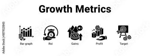 Growth Metrics web banner icon vector illustration concept ,  with icon of Bar graph, Roi, Gains.