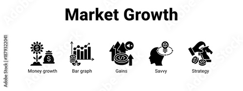 Market Growth web banner icon vector illustration concept ,  with icon of Money growth, Bar graph, Gains.