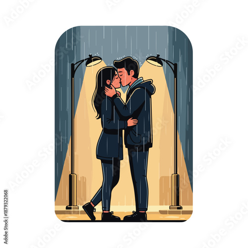 A romantic couple kiss under streetlights on a rainy night