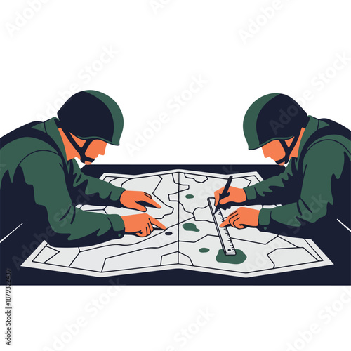 Soldiers in green uniforms planning military operation on a map