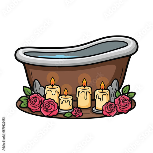 A serene bath setup with candles and roses