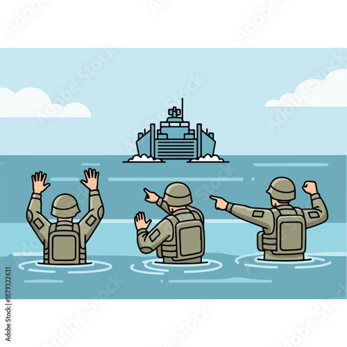 Soldiers in water waving and signaling towards a large ship