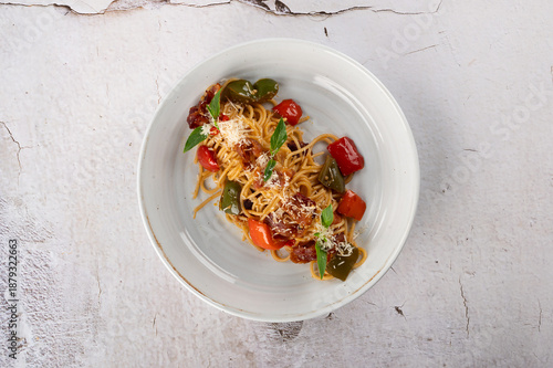 Spaghetti with Roasted Vegetables, Crispy Bacon and Parmesan Cheese