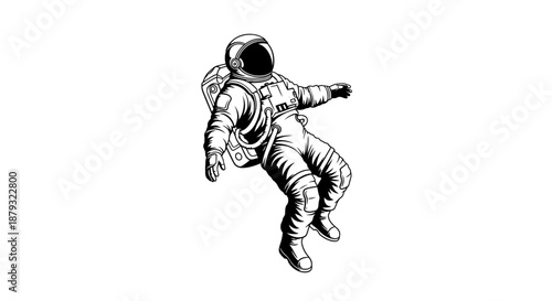 Spacewalking astronaut in vintage graphic style floating in outer space.
