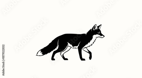 Black fox silhouette walking gracefully on a white background.