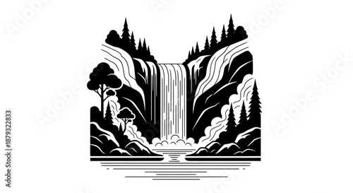 Stylized Black and White Waterfall Landscape Vector Illustration