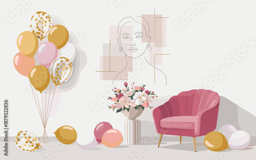 Celebratory scene with balloons and flowers near a pink armchair in a minimalist room from a frontal viewpoint