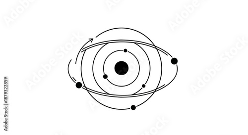 Stylized eye with orbital paths and planets