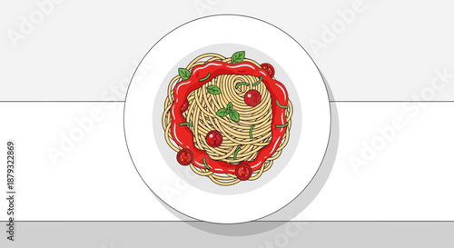 Delicious spaghetti pasta with tomato sauce and basil on a plate.