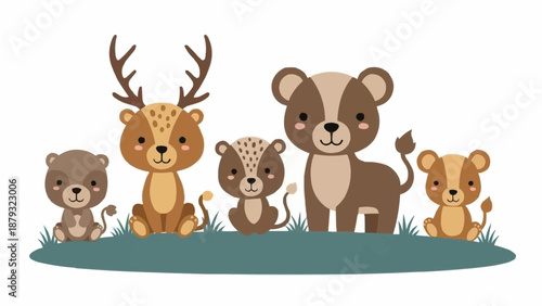 Cute cartoon baby animals standing together in a line.
