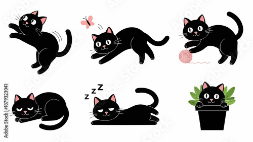 Cute cartoon black cat in various poses and activities.