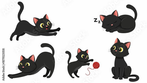 Cute cartoon black cats in various playful poses and sleeping.