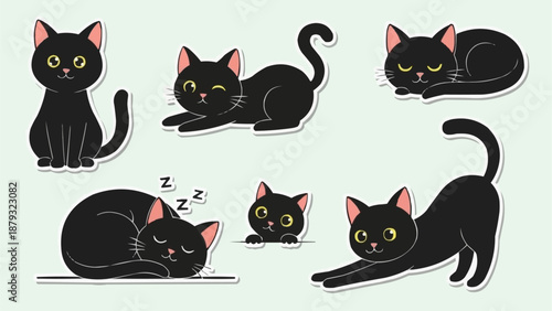 Cute Black Cat Poses Sticker Set.