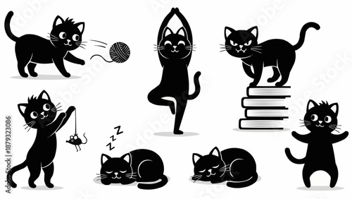 Cute Black Cat Poses Vector Illustration Set.
